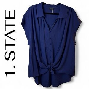 57. 2X - 1. STATE - Navy Chiffon Blouse Tie Front NWOT